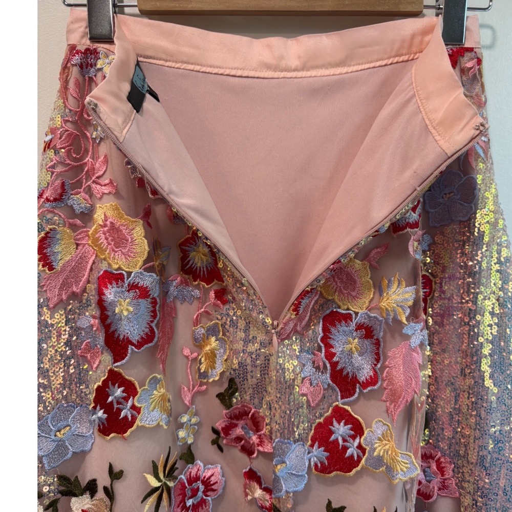 Eva Franco Pink Floral Embroidered Tulle Sequin Midi Skirt Womens Size 2 USA - Picture 7 of 8
